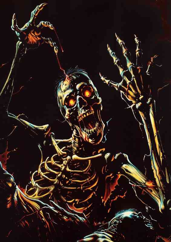 80s horror cover art scary skeleton with glowing eyes | Poster