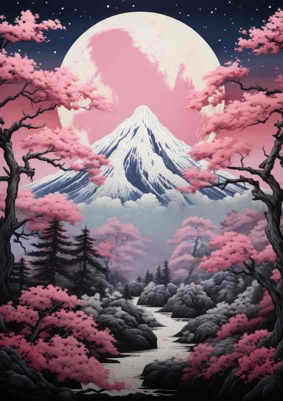 Japans Best Waterfront Cherry Blossomview of the mountains | Poster