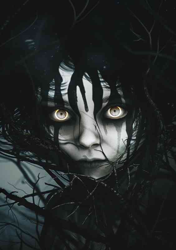 Face with black hair and white stripes with big eyes | Poster