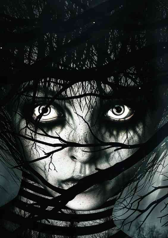 Face with black hair tangles in the trees | Poster