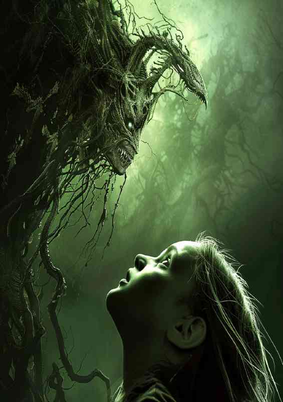 Girl with long hair is looking up at the demon | Canvas