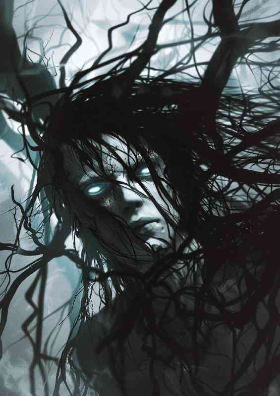 Monster with black hair and white skin glowing eyes | Poster
