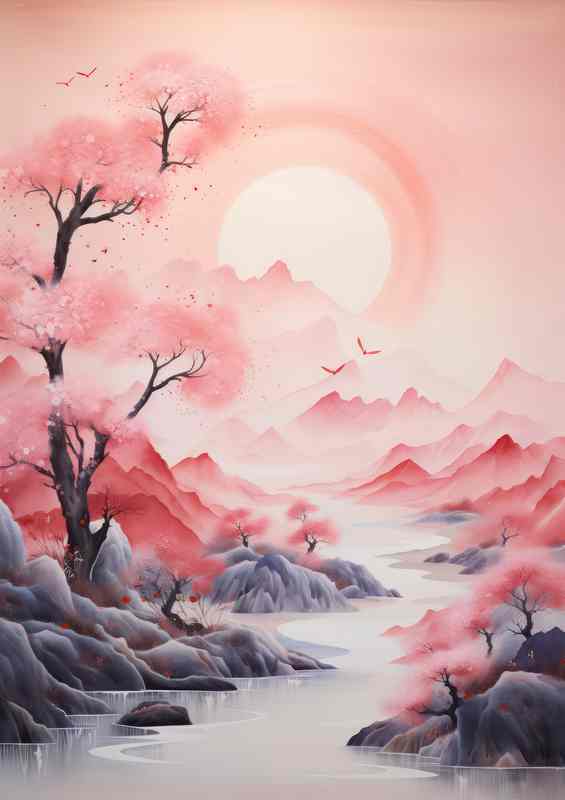 Japans Scenic Wonders Mountains Waters and Blossoms in pink | Poster