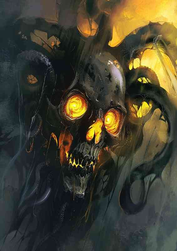 Skull with glowing yellow eyes and black tentacles | Di-Bond