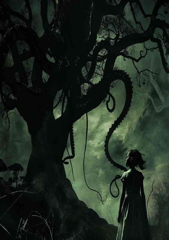 Young girl is standing under the tree her head raised | Poster