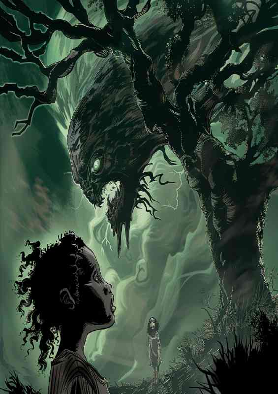 Young girl is standing under the tree with her head | Poster