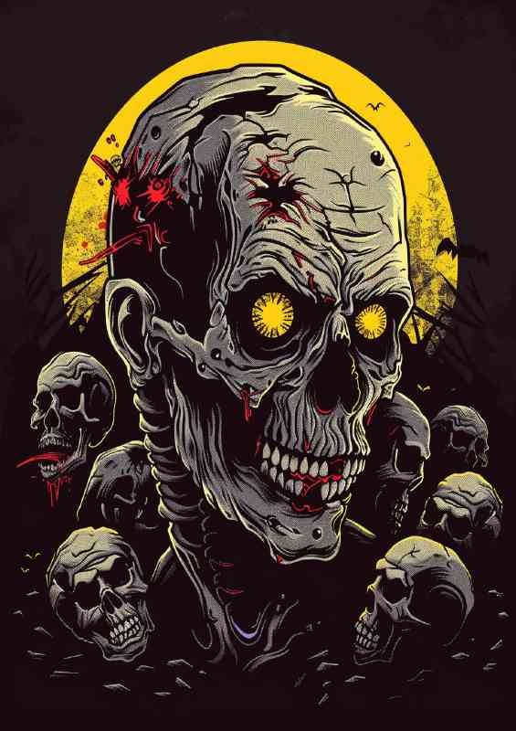 Zombie with yellow eyes skulls and bones around him | Poster