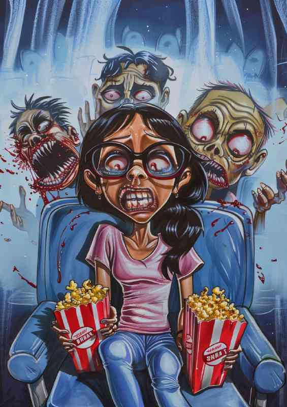 caricature woman at the movies with zombies | Canvas