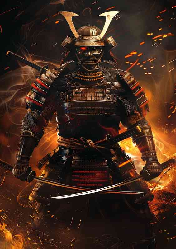 Majestic Samurai in full armor holding two sword fire backgrounds | Metal Poster