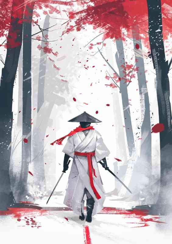 Samurai in white kimono with blossom trees | Canvas