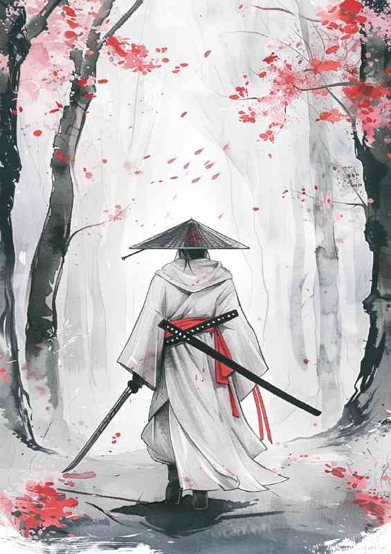 Samurai in white kimono with trees in woods | Canvas