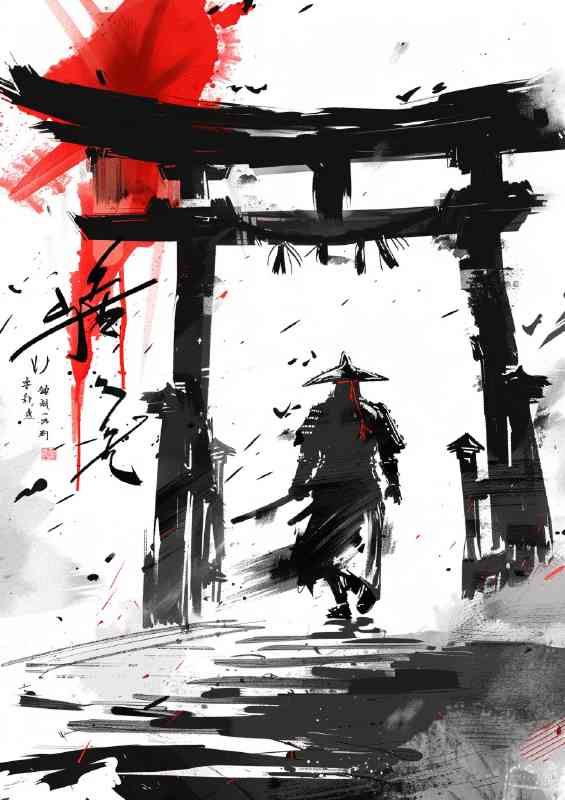 Samurai walking under the torii gate an ink painting | Di-Bond