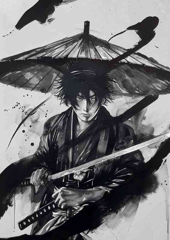 Young Samurai with dark hair and wearing an umbrella | Poster