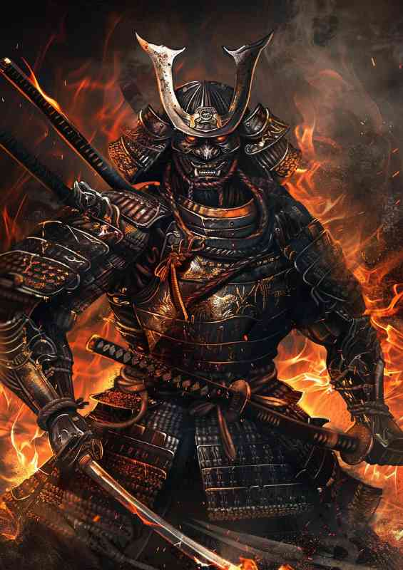 majestic Samurai in full armor holding two swords poster art | Metal Poster