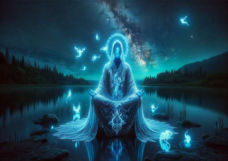 Spirit guardian draped in flowing robes celestial patterns | Poster