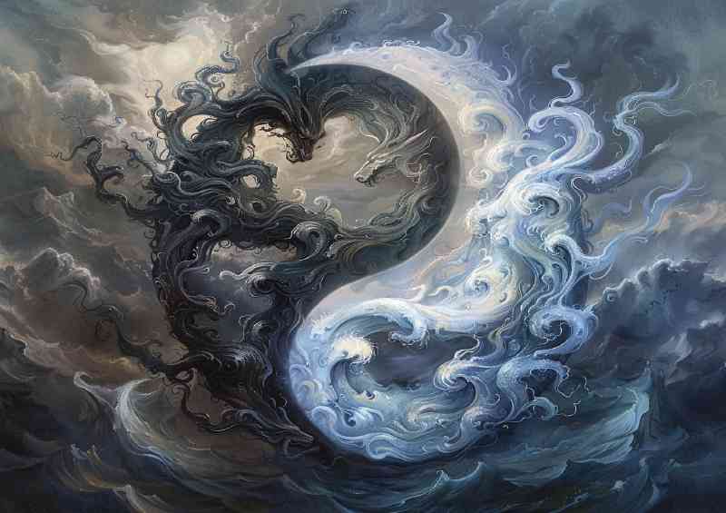 Yin yang symbol black and white swirly coluds | Metal Poster