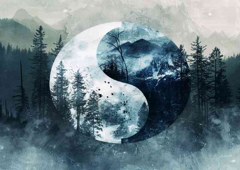 Yin yang symbol with mountains and trees | Poster