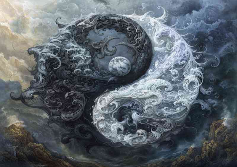 Yin yang symbol with swirly clouds | Metal Poster