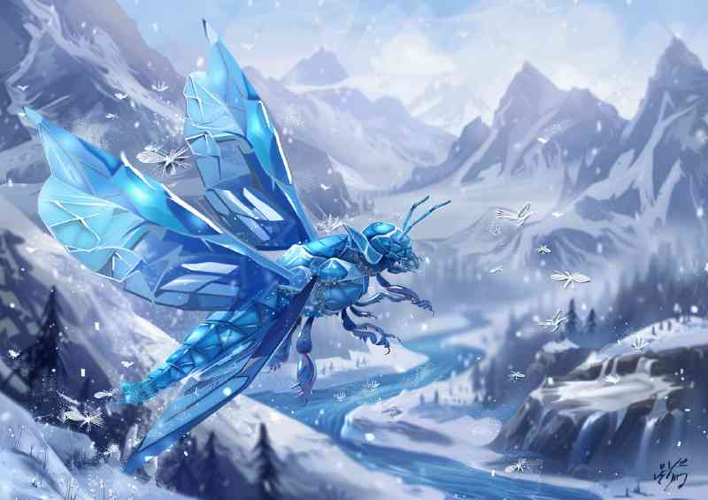 A blue ice bee with crystal wings flying over an icy mountain | Poster