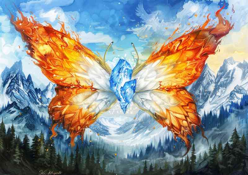 Butterfly with wings made of fire and ice flying | Di-Bond