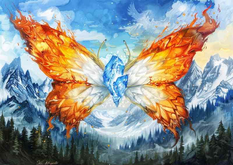 Butterfly with wings made of fire and ice flying | Poster