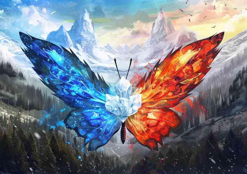 Butterfly with wings made of fire and ice mountains | Metal Poster