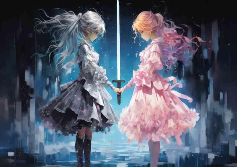Two anime girls holding sword | Metal Poster