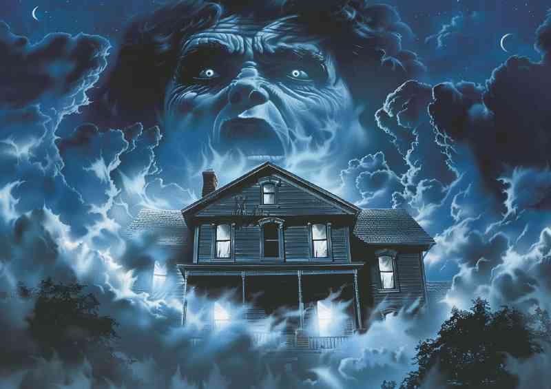 House surrounded by fog with the face of an evil ghost | Poster