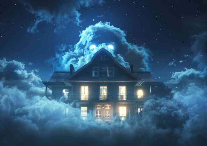 House with an evil face made of fog night sky | Poster