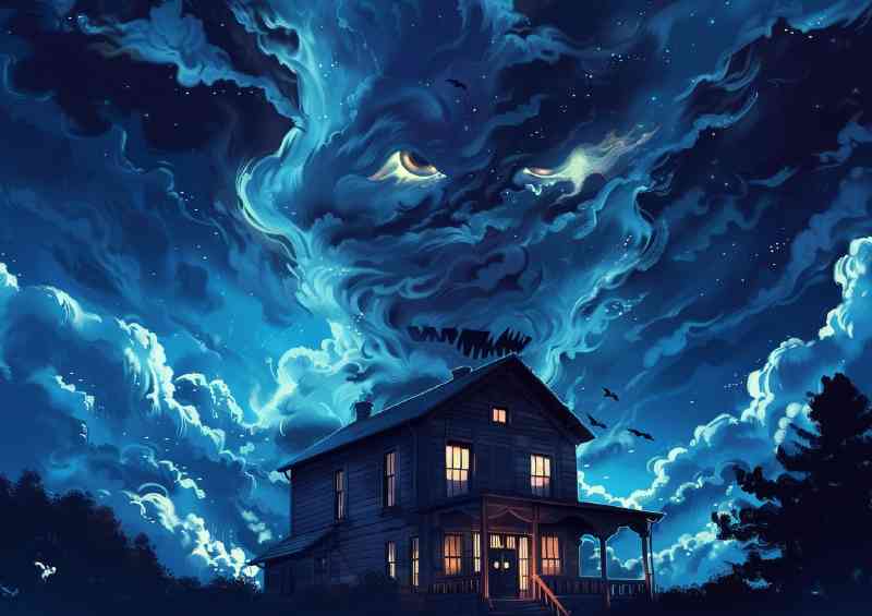 House with an evil ghost face made of clouds | Poster