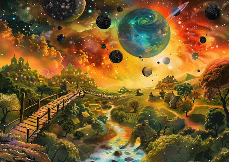 Beautiful fantasy landscape with many planets and stars | Metal Poster