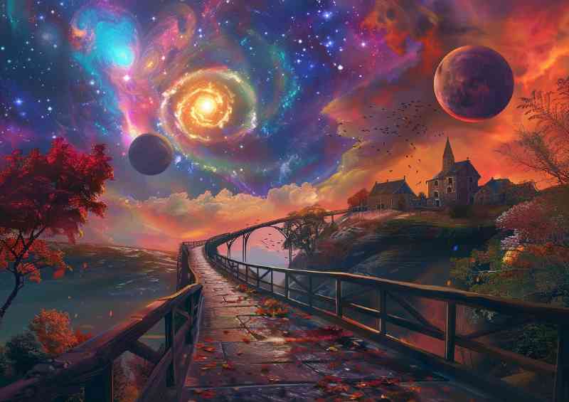 Bridge leading to an otherworldly planet surrounded | Metal Poster