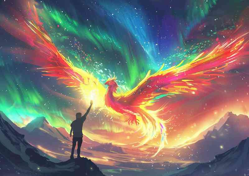 Colorful Phoenix flies in the sky with aurora and mountains | Di-Bond