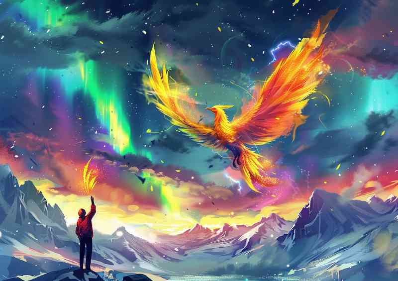Colorful Phoenix flies in the sky with aurora painted style | Poster