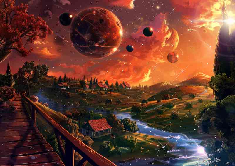 Fantasy landscape with many planets and stars | Metal Poster