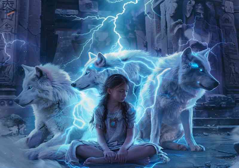 Girl surrounded by three Wolves | Metal Poster