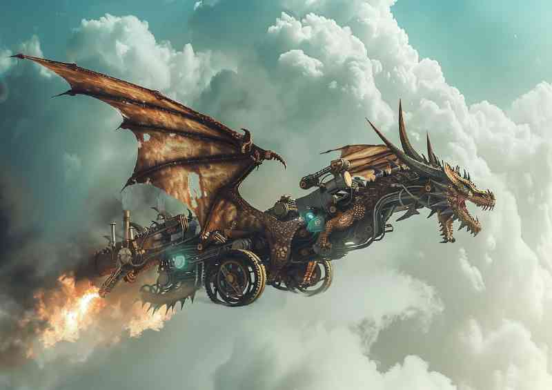 Majestic Dragon soaring through the sky breathing | Metal Poster