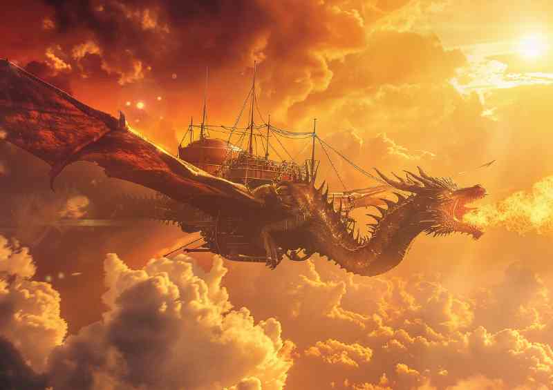 Majestic Dragon soaring through the sky breathing mechanical | Metal Poster