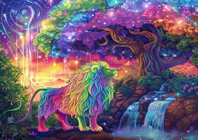 Rainbow Lion in front of an enchanted tree with waterfalls | Di-Bond
