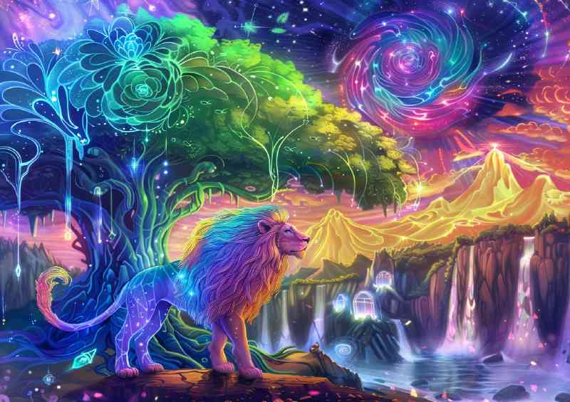 Rainbow Lion in front of an tree waterfalls | Di-Bond