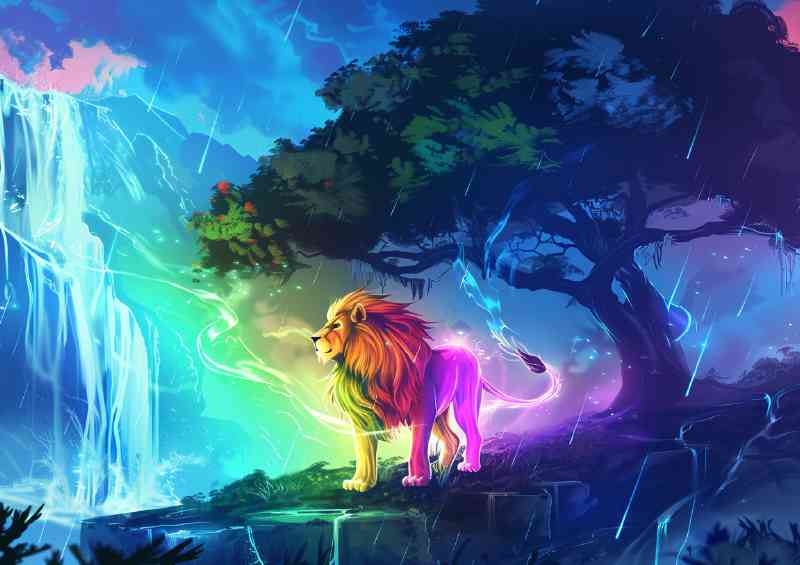 Rainbow Lion standing in front of an enchanted tree | Metal Poster