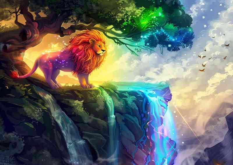 Rainbow Lion standing in front of an enchanted tree waterfall | Poster