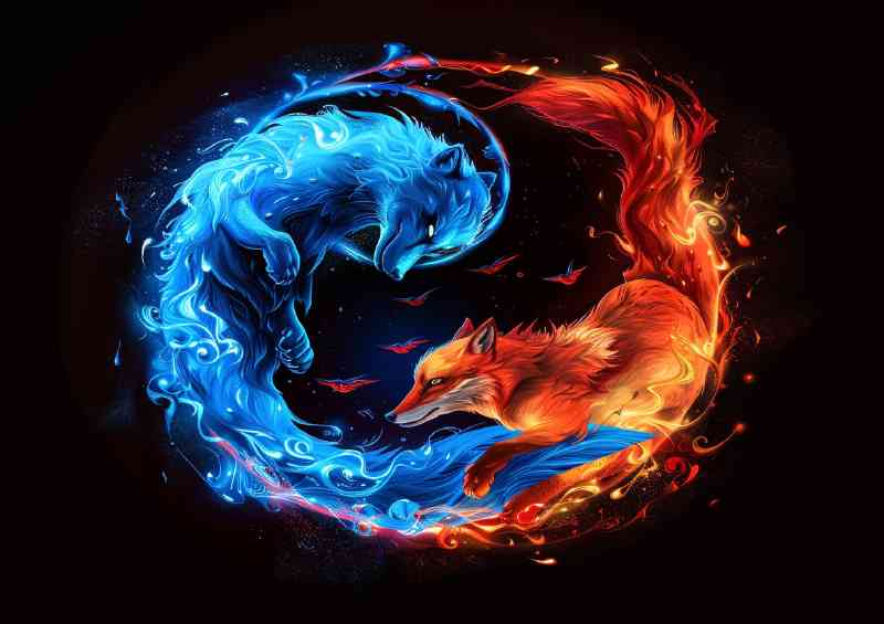 The yin yang symbol with a blue wolf and red fox | Metal Poster