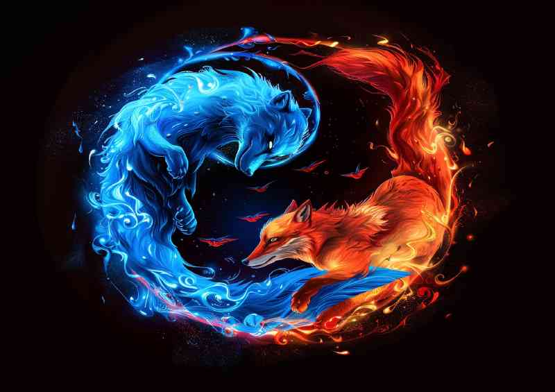 The yin yang symbol with a blue wolf and red fox | Poster