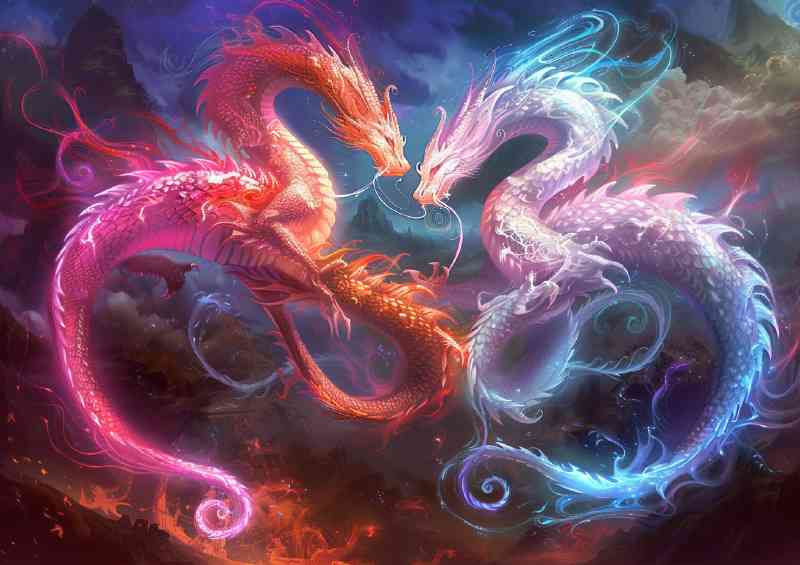 Two majestic Dragons their bodies glowing with vibrancy | Metal Poster