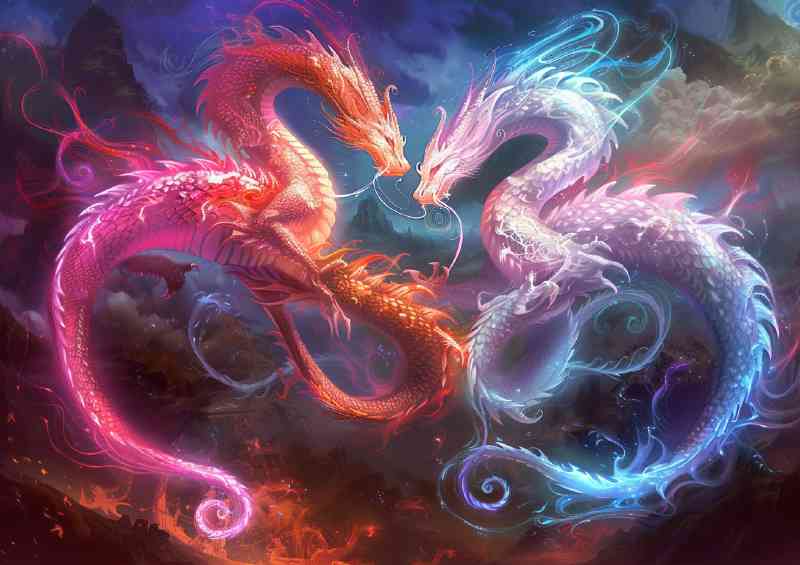 Two majestic Dragons their bodies glowing with vibrancy | Poster