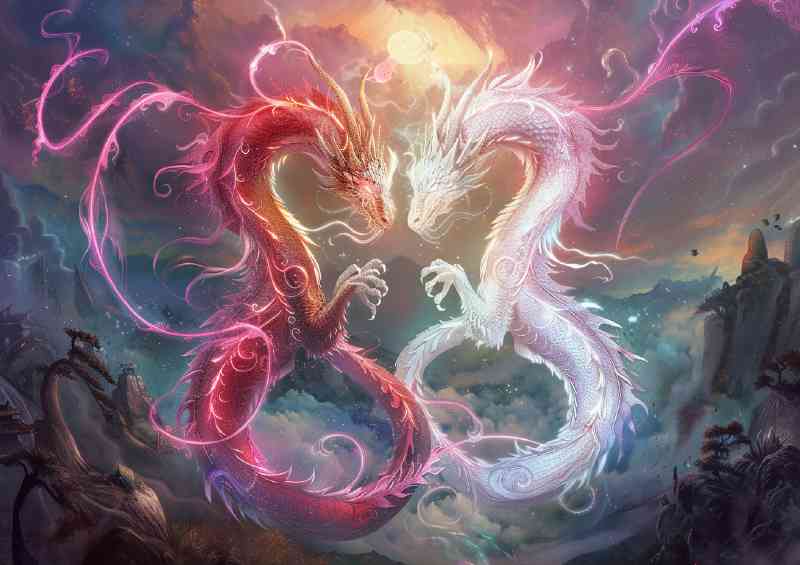 Two majestic Dragons their bodies glowing with vibrant colours | Canvas