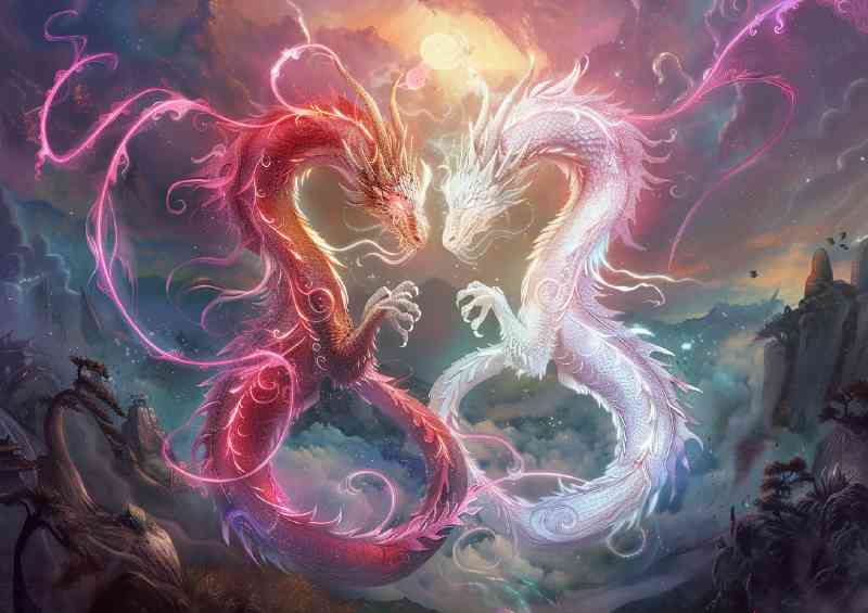Two majestic Dragons their bodies glowing with vibrant colours | Poster