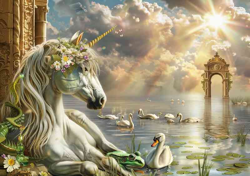 Unicorn with flowers in her mane looking at the water | Canvas
