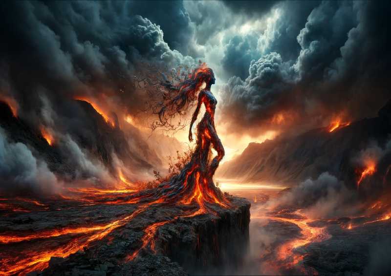 Warrior her form composed of flowing lava and rock | Canvas